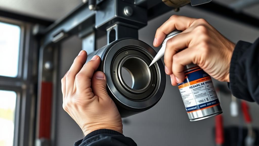 Technician lubricating garage door bearing with lithium grease