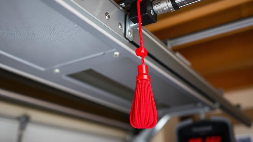 Red emergency manual release cord on garage door opener