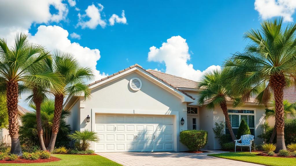Florida home with white garage door surrounded by palm trees